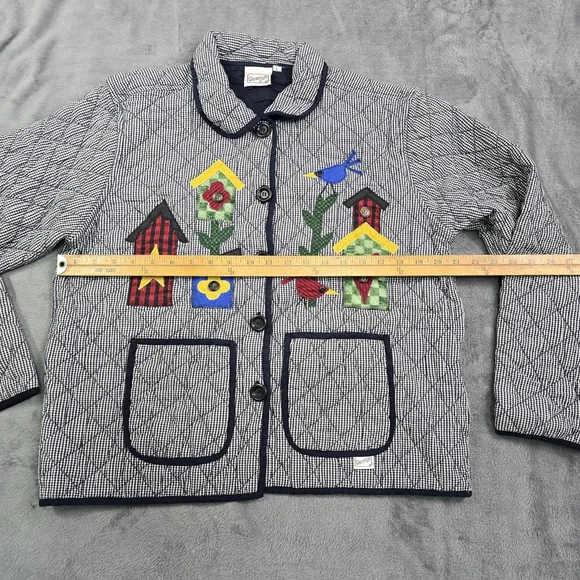 Vintage Folk Art Quilted Jacket Birdhouse Applique Gingham Large - Picture 5 of 14